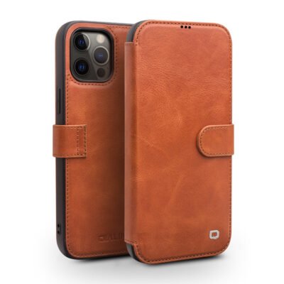 QIALINO For iPhone 12 Pro Max Cowhide Leather Case Wallet Stand Magnetic Clasp Phone Cover Light Brown iPhone 12 Pro Max by The Case Factory