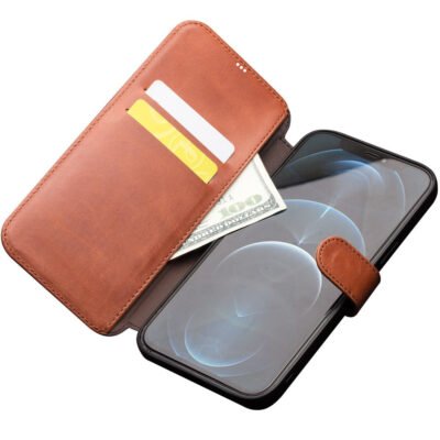 QIALINO For iPhone 12 Pro Max Cowhide Leather Case Wallet Stand Magnetic Clasp Phone Cover by The Case Factory