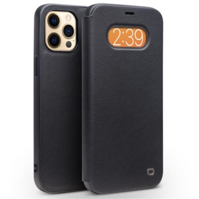 QIALINO for iPhone 12 | 12 Pro Case Ultra Thin Premium Genuine Leather Flip Cover Black by The Case Factory