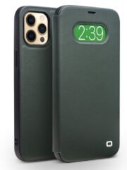 QIALINO for iPhone 12 | 12 Pro Case Ultra Thin Premium Genuine Leather Flip Cover Dark Green by The Case Factory