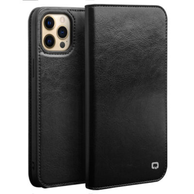 QIALINO For iPhone 13 Pro Case Genuine Cowhide Leather Stand Wallet Phone Cover Black iPhone 13 Pro by The Case Factory