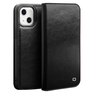 QIALINO For iPhone 13 Mini Cowhide Leather Wallet All-round Protection Phone Cover Black iPhone 13 Mini by The Case Factory