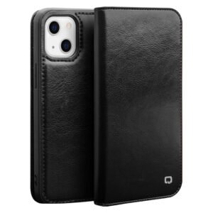 QIALINO For iPhone 13 Case Cowhide Leather Wallet Stand Phone Cover Black iPhone 13 by The Case Factory