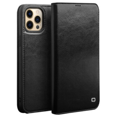 QIALINO for iPhone 13 Pro Max Case Top Layer Cowhide Leather Stand Wallet Phone Cover Black iPhone 13 Pro Max by The Case Factory
