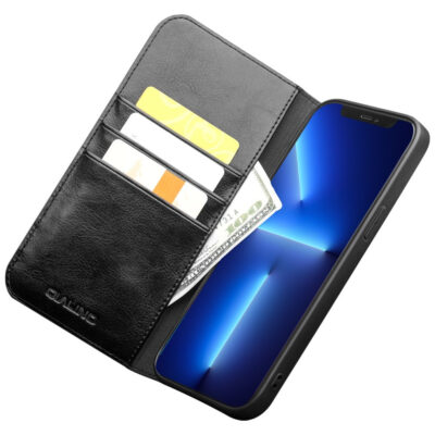 QIALINO for iPhone 13 Pro Max Case Top Layer Cowhide Leather Stand Wallet Phone Cover by The Case Factory