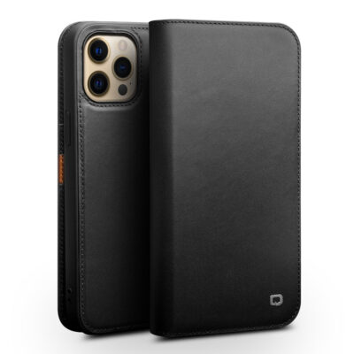 QIALINO for iPhone 13 Pro Max Case Flip Stand Wallet Cowhide Leather Cover Black iPhone 13 Pro Max by The Case Factory