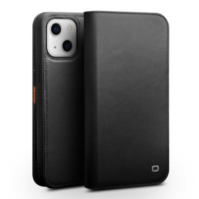 QIALINO for iPhone 13 Top Layer Cowhide Leather All-Round Protection Wallet Phone Cover with Stand Black iPhone 13 by The Case Factory