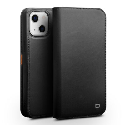 QIALINO for iPhone 13 Mini Case Top Layer Cowhide Leather Full Protection Stand Wallet Phone Cover Black iPhone 13 Mini by The Case Factory