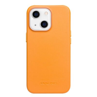 QIALINO for iPhone 13 Mini Case Magnetic Anti-Fall Genuine Leather Shockproof Phone Cover Orange iPhone 13 Mini by The Case Factory