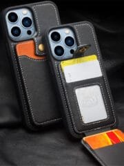 QIALINO for iPhone 13 Pro Case Business Style Card Slots Cowhide Leather Coated Phone Cover by The Case Factory