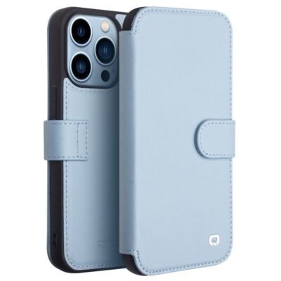 QIALINO for iPhone 13 Pro Business Style Genuine Cowhide Leather Wallet Cover Magnetic Clasp Phone Case Blue iPhone 13 Pro by The Case Factory