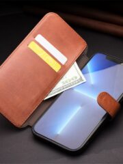 QIALINO for iPhone 13 Pro Business Style Genuine Cowhide Leather Wallet Cover Magnetic Clasp Phone Case by The Case Factory
