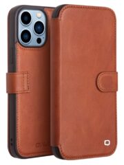 QIALINO for iPhone 13 Pro Business Style Genuine Cowhide Leather Wallet Cover Magnetic Clasp Phone Case Brown iPhone 13 Pro by The Case Factory