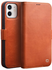 QIALINO for iPhone 12 Case Magnetic Clasp Genuine Leather Wallet Stand Phone Cover Brown iPhone 12 by The Case Factory