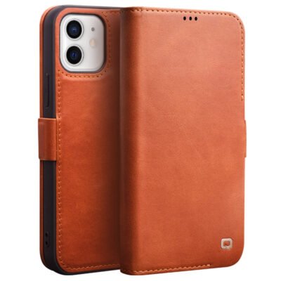 QIALINO for iPhone 12 Case Magnetic Clasp Genuine Leather Wallet Stand Phone Cover Brown iPhone 12 by The Case Factory
