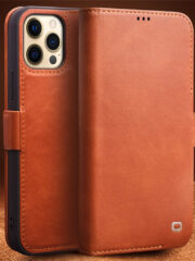 QIALINO for iPhone 12 Case Magnetic Clasp Genuine Leather Wallet Stand Phone Cover by The Case Factory