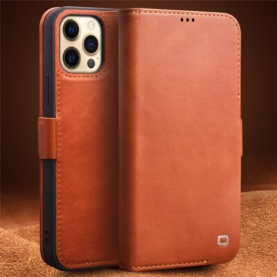 QIALINO for iPhone 12 Case Magnetic Clasp Genuine Leather Wallet Stand Phone Cover by The Case Factory