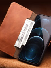 QIALINO for iPhone 12 Case Magnetic Clasp Genuine Leather Wallet Stand Phone Cover by The Case Factory