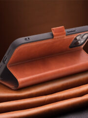 QIALINO for iPhone 12 Case Magnetic Clasp Genuine Leather Wallet Stand Phone Cover by The Case Factory