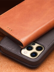 QIALINO for iPhone 12 Case Magnetic Clasp Genuine Leather Wallet Stand Phone Cover by The Case Factory