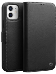 QIALINO for iPhone 12 Case Magnetic Clasp Genuine Leather Wallet Stand Phone Cover Black iPhone 12 by The Case Factory