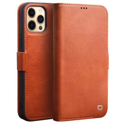 QIALINO for iPhone 12 Pro Case Magnetic Clasp Genuine Leather Wallet Stand Phone Cover Brown iPhone 12 Pro by The Case Factory