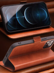 QIALINO for iPhone 12 Pro Max Case Magnetic Clasp Genuine Leather Wallet Stand Phone Cover by The Case Factory