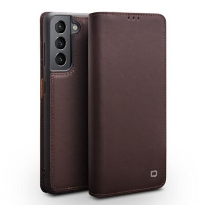 QIALINO Genuine Cowhide Leather Wallet Cover for Samsung Galaxy S21 4G/5G Brown by The Case Factory