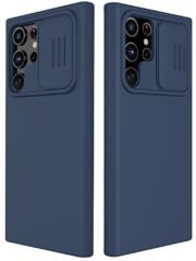 NILLKIN for Samsung Galaxy S22 Ultra Anti-scratch Anti-drop Soft Liquid Silicone Hard PC Cell Phone Case with Slide Camera Lens Cover Blue Samsung Galaxy S22 Ultra by The Case Factory