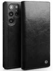 QIALINO For Samsung Galaxy S22 Ultra Wallet Case Waxy Genuine Cow Leather Flip Phone Cover Black Samsung Galaxy S22 Ultra by The Case Factory