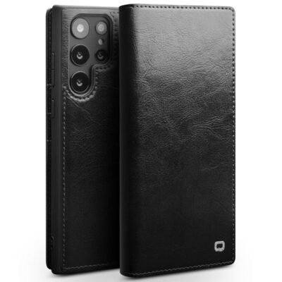 QIALINO For Samsung Galaxy S22 Ultra Wallet Case Waxy Genuine Cow Leather Flip Phone Cover Black Samsung Galaxy S22 Ultra by The Case Factory