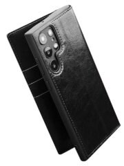 QIALINO For Samsung Galaxy S22 Ultra Wallet Case Waxy Genuine Cow Leather Flip Phone Cover by The Case Factory