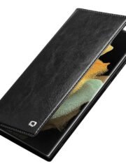 QIALINO For Samsung Galaxy S22 Ultra Wallet Case Waxy Genuine Cow Leather Flip Phone Cover by The Case Factory