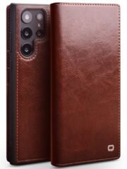 QIALINO For Samsung Galaxy S22 Ultra Wallet Case Waxy Genuine Cow Leather Flip Phone Cover Brown Samsung Galaxy S22 Ultra by The Case Factory
