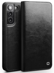 QIALINO For Samsung Galaxy S22+ Wallet Case Waxy Genuine Cow Leather Flip Phone Cover Black Samsung Galaxy S22+ by The Case Factory
