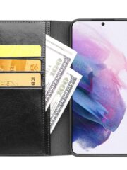 QIALINO For Samsung Galaxy S22+ Wallet Case Waxy Genuine Cow Leather Flip Phone Cover by The Case Factory