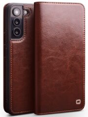 QIALINO For Samsung Galaxy S22+ Wallet Case Waxy Genuine Cow Leather Flip Phone Cover Brown Samsung Galaxy S22+ by The Case Factory