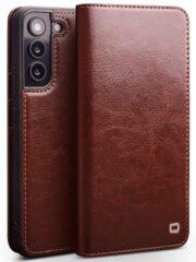 QIALINO for Samsung Galaxy S22 Wallet Case Genuine Leather Flip Phone Cover Brown Samsung Galaxy S22 by The Case Factory