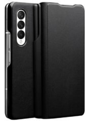 QIALINO For Samsung Galaxy Z Fold3 Case Nappa Texture Genuine Leather Flip Phone Cover with Pen Holder Black Samsung Galaxy Z Fold3 by The Case Factory