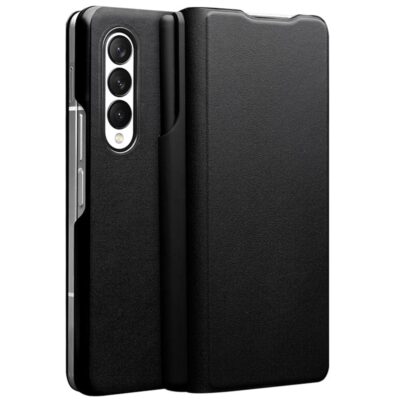 QIALINO For Samsung Galaxy Z Fold3 Case Nappa Texture Genuine Leather Flip Phone Cover with Pen Holder Black Samsung Galaxy Z Fold3 by The Case Factory