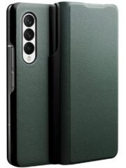 QIALINO For Samsung Galaxy Z Fold3 Case Nappa Texture Genuine Leather Flip Phone Cover with Pen Holder Green Samsung Galaxy Z Fold3 by The Case Factory