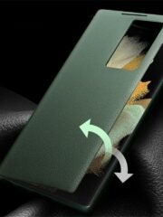 QIALINO For Samsung Galaxy S22 Case Smart View Window Genuine Cowhide Leather Flip Cover by The Case Factory
