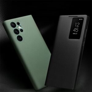 QIALINO For Samsung Galaxy S22 Ultra Case Smart View Window Genuine Cowhide Leather Flip Cover by The Case Factory