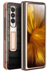 QIALINO For Samsung Galaxy Z Fold3 Case Crocodile Texture Genuine Leather Kickstand Electroplating Cover with Tempered Glass Black Samsung Galaxy Z Fold3 by The Case Factory
