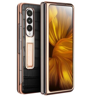 QIALINO For Samsung Galaxy Z Fold3 Case Crocodile Texture Genuine Leather Kickstand Electroplating Cover with Tempered Glass Black Samsung Galaxy Z Fold3 by The Case Factory