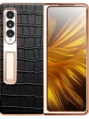 QIALINO For Samsung Galaxy Z Fold3 Case Crocodile Texture Genuine Leather Kickstand Electroplating Cover with Tempered Glass by The Case Factory