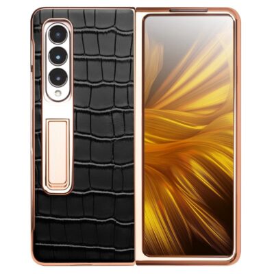 QIALINO For Samsung Galaxy Z Fold3 Case Crocodile Texture Genuine Leather Kickstand Electroplating Cover with Tempered Glass by The Case Factory