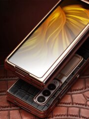 QIALINO For Samsung Galaxy Z Fold3 Case Crocodile Texture Genuine Leather Kickstand Electroplating Cover with Tempered Glass by The Case Factory