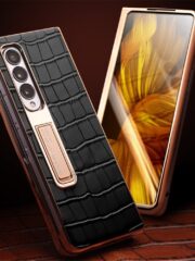 QIALINO For Samsung Galaxy Z Fold3 Case Crocodile Texture Genuine Leather Kickstand Electroplating Cover with Tempered Glass by The Case Factory