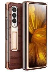 QIALINO For Samsung Galaxy Z Fold3 Case Crocodile Texture Genuine Leather Kickstand Electroplating Cover with Tempered Glass Brown Samsung Galaxy Z Fold3 by The Case Factory